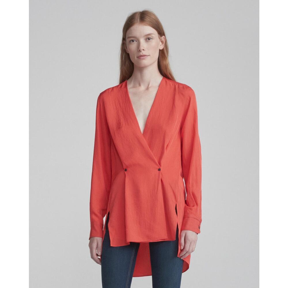 rag & bone Women's Red Debbie V-Neckline Black Button Collar Top Size Medium
